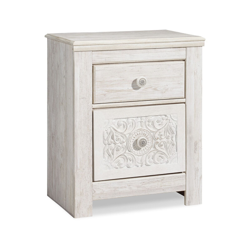Paxy Nightstand, 2 Drawers, 2 USB Ports, Laminate Whitewash Finish