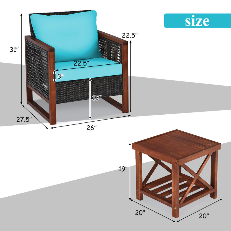 3 Pieces Patio Wicker Furniture Set with Washable Cushion and Acacia Wood Coffee Table