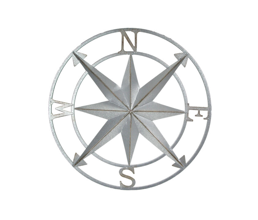 Galvanized Zinc Finish Metal Compass Rose Wall Hanging 20.5 Inch Diameter