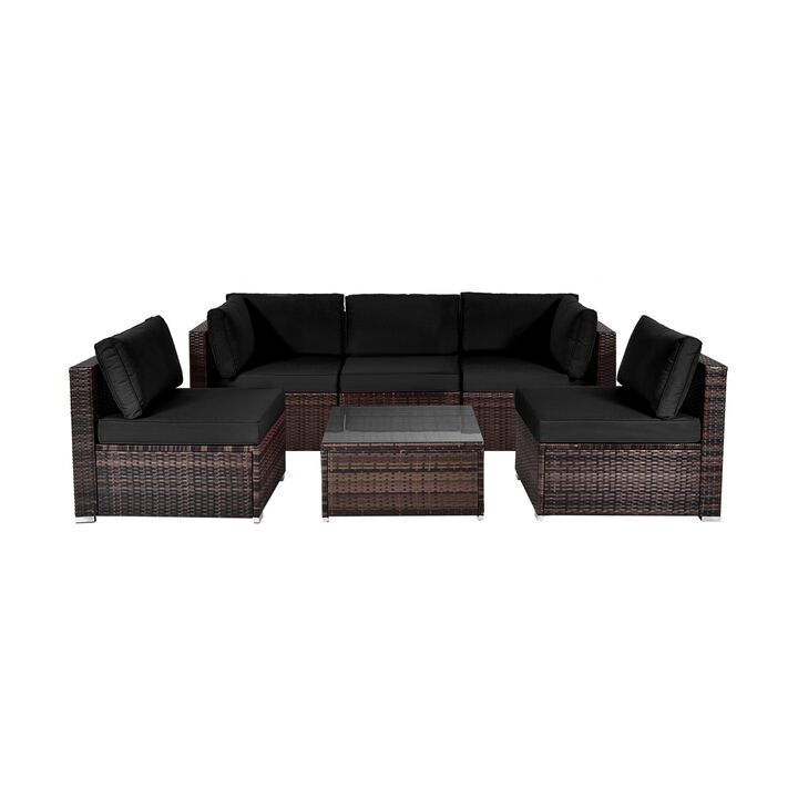 6 Pieces Patio Rattan Furniture Set with Cushions and Glass Coffee Table