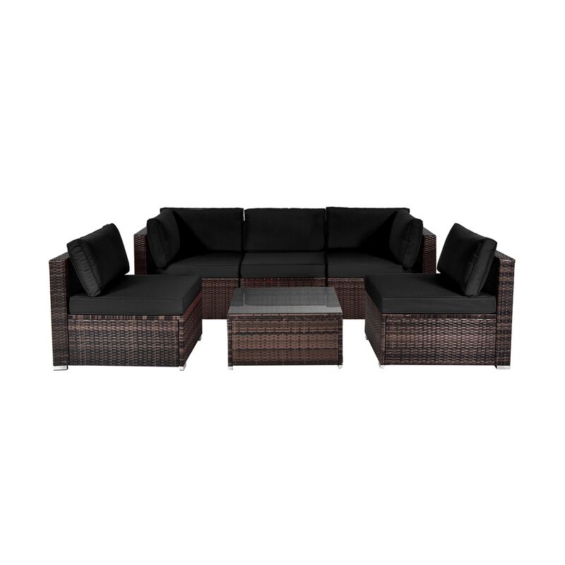 6 Pieces Patio Rattan Furniture Set with Cushions and Glass Coffee Table