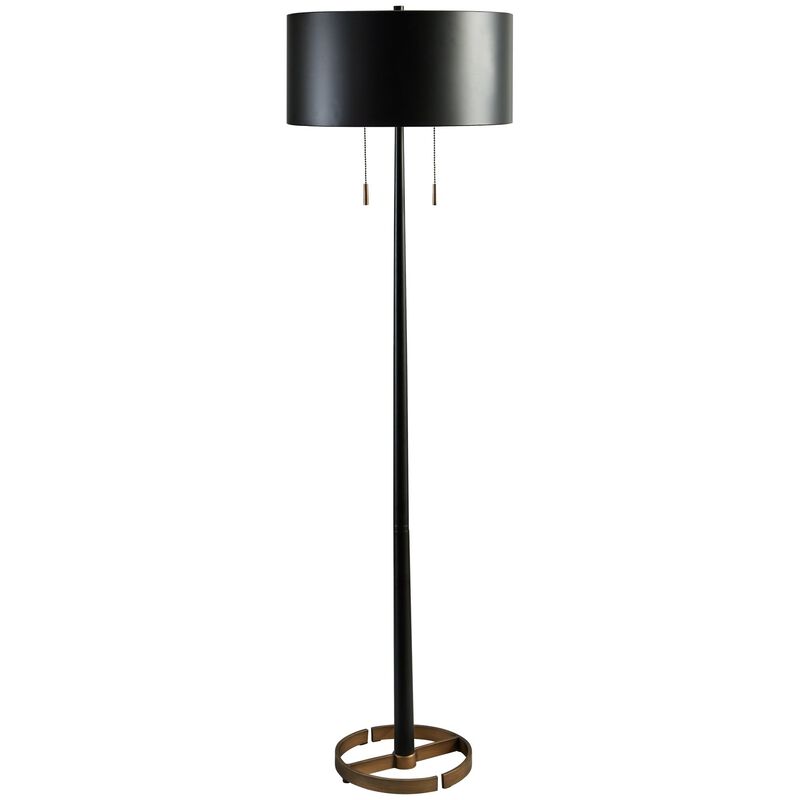 Kien 60 Inch Modern Floor Lamp, Black Metal Drum Shaped Shade, Gold Base-Benzara image number 1