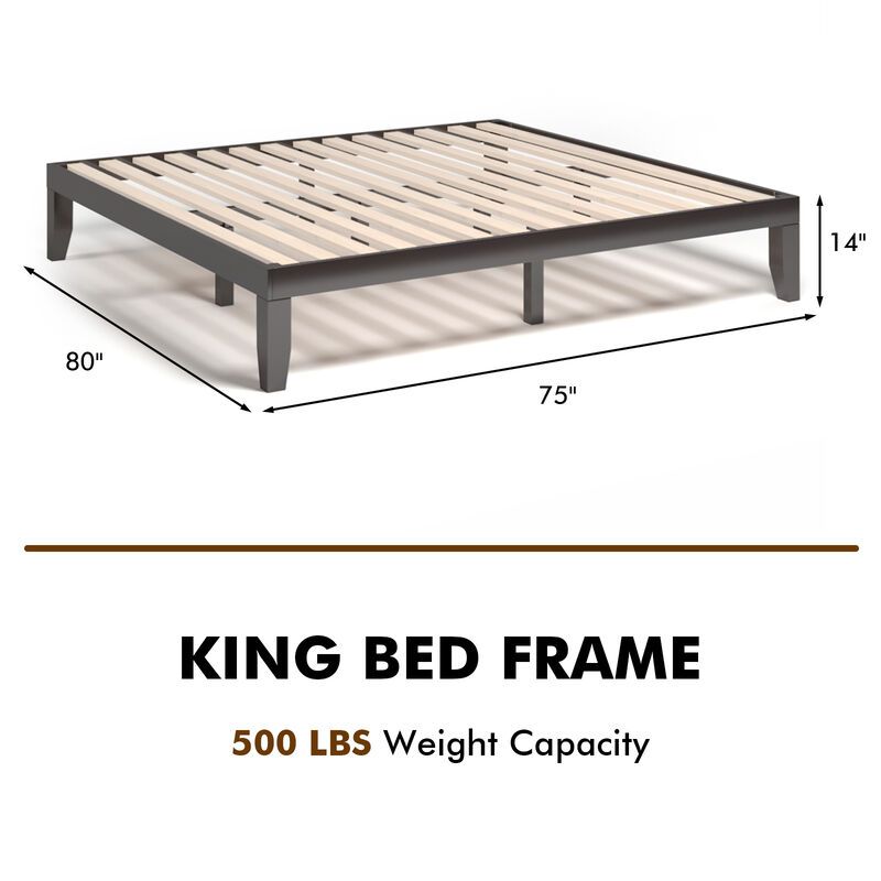 Rubber Wood Slatted Platform Bed Frame &ndash; Durable Bed Base with Wood Slat Support