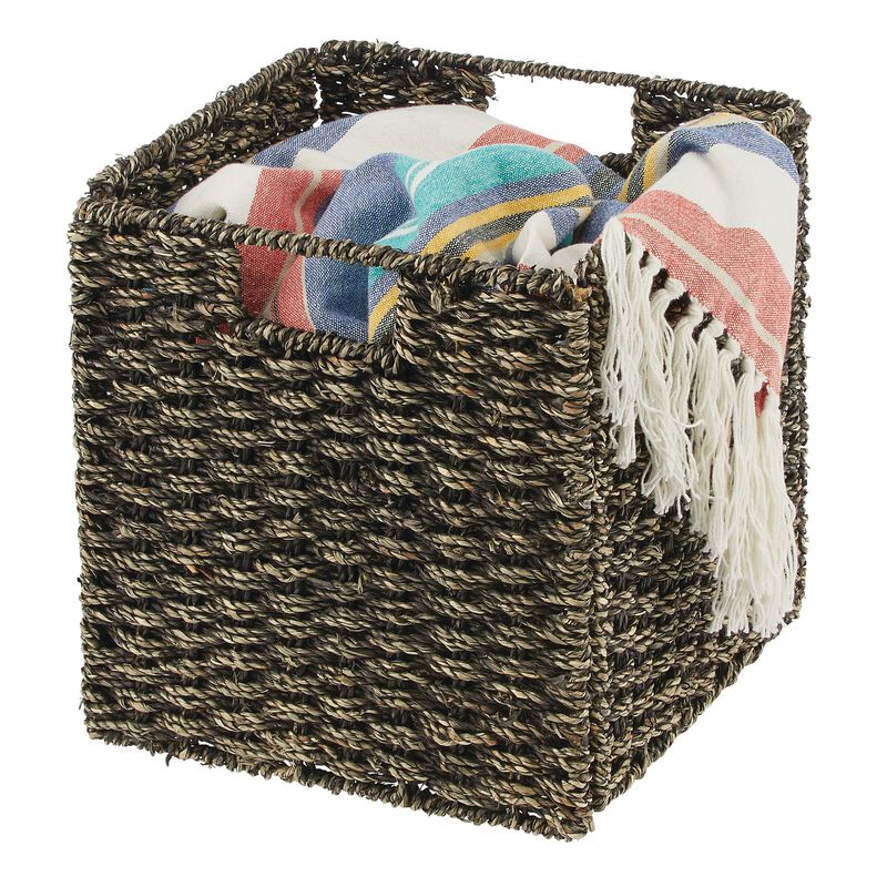 mDesign Seagrass Woven Cube Bin Basket Organizer, Handles, 4 Pack, Black Wash image number 7