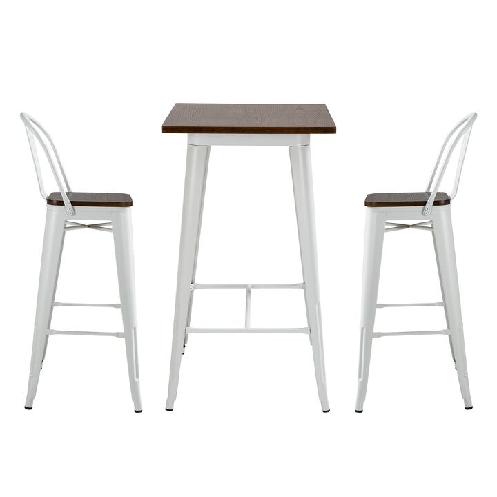 3 Piece Industrial Dining Table Set, Counter Height Bar Table & Chairs Set with Footrests for Bistro, Pub, White and Brown