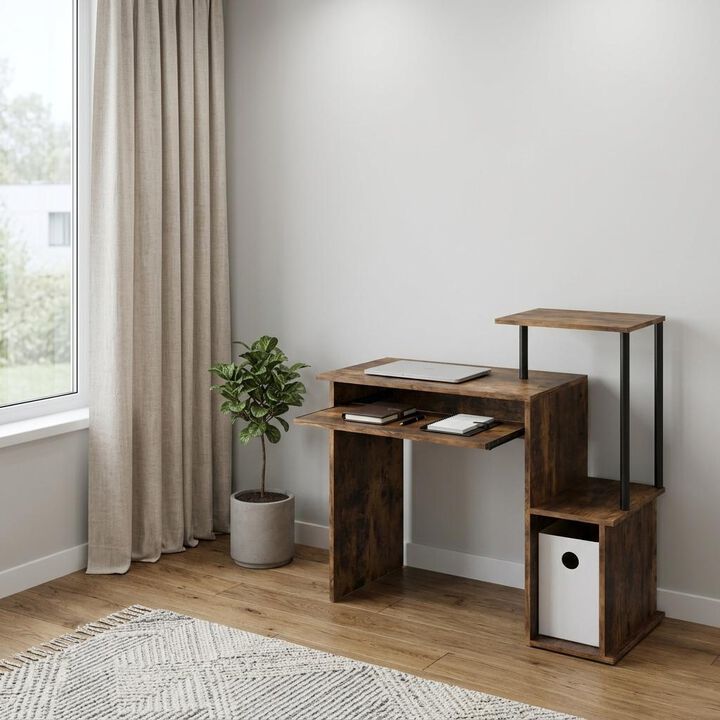 HomeRoots 37" Oak and Black Wood and Metal Computer Desk