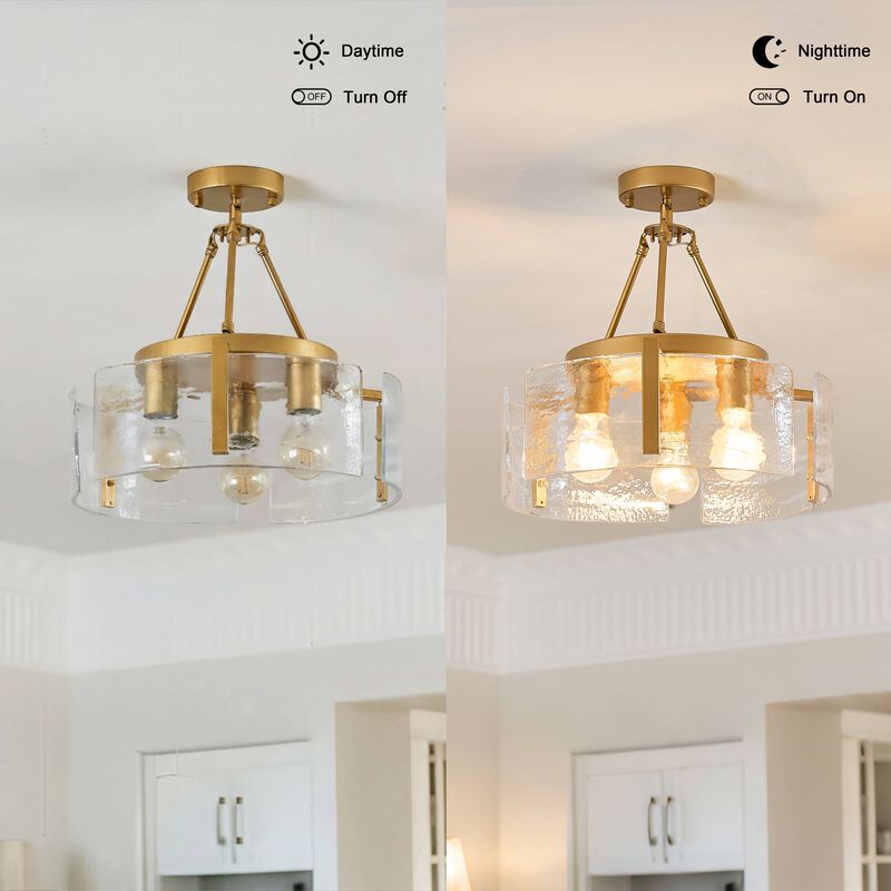 Cintia Gloss Brass 3-Light Water Textured Glass Panel Drum Semi Flush Mount image number 8