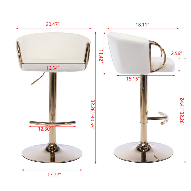 Set of 2 Bar Stools, with Chrome Footrest and Base Swivel Height Adjustable Mechanical Lifting Velvet + Golden Leg Simple Bar Stool-Ivory