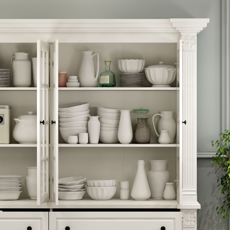 FUFU&GAGA Modern Kitchen Cabinet with 4 Glass Doors & 6 Drawers, Painted Finish, Black Handles, (74.8 in. W x 17.7 in. D x 74.8 in. H), White