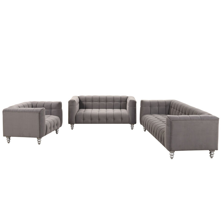 Modern 3piece sofa set with solid wood legs, buttoned tufted backrest, Dutch fleece upholstered sofa set including threeseater sofa, double seat and set single chair, gray