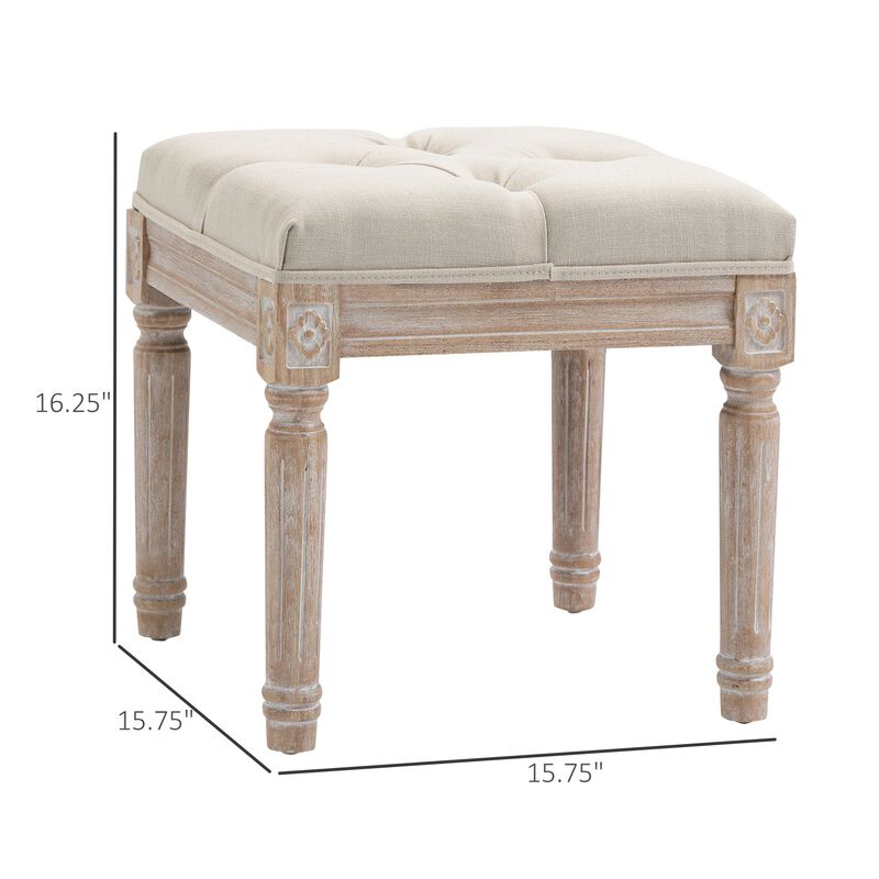 Beige Vintage Seat: 15.75" Tufted Ottoman with Rustic Wood Legs