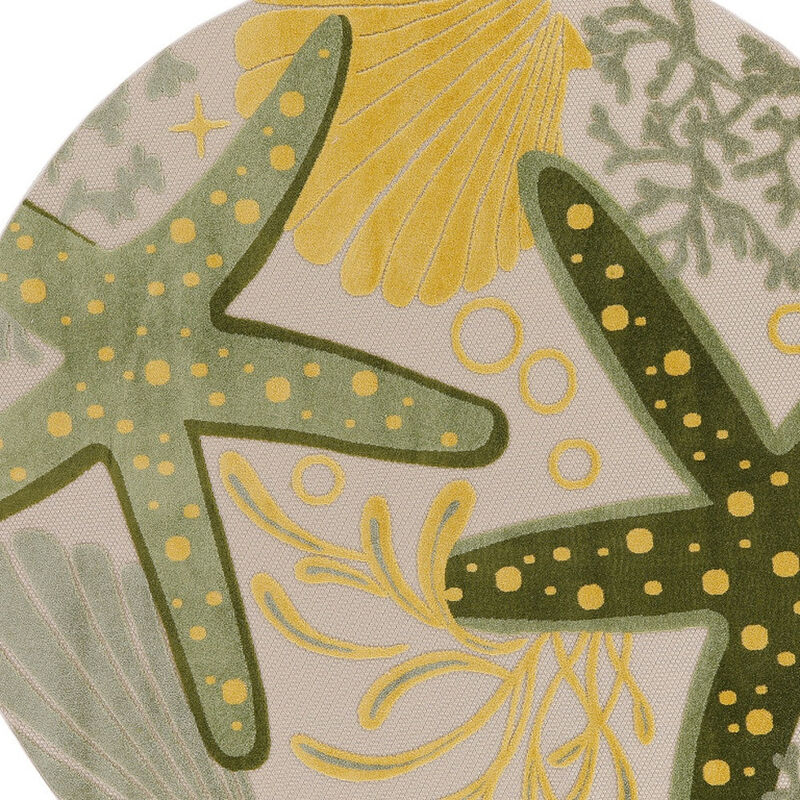 HomeRoots 5' Green Yellow Ivory And Dark Green Round Starfish Indoor Outdoor Area Rug image number 2