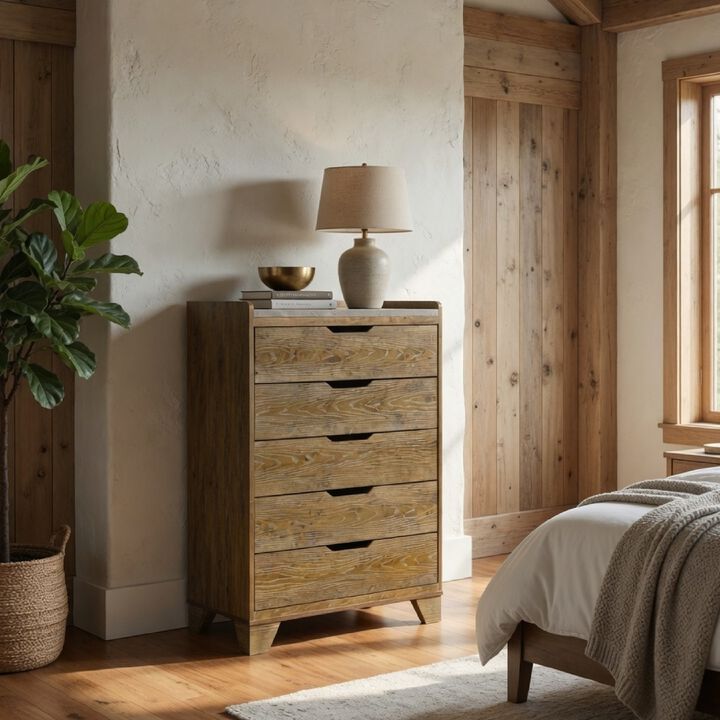 Nolan Tall Dresser Chest with Faux Marble Top, 5 Drawers, Brown Wood