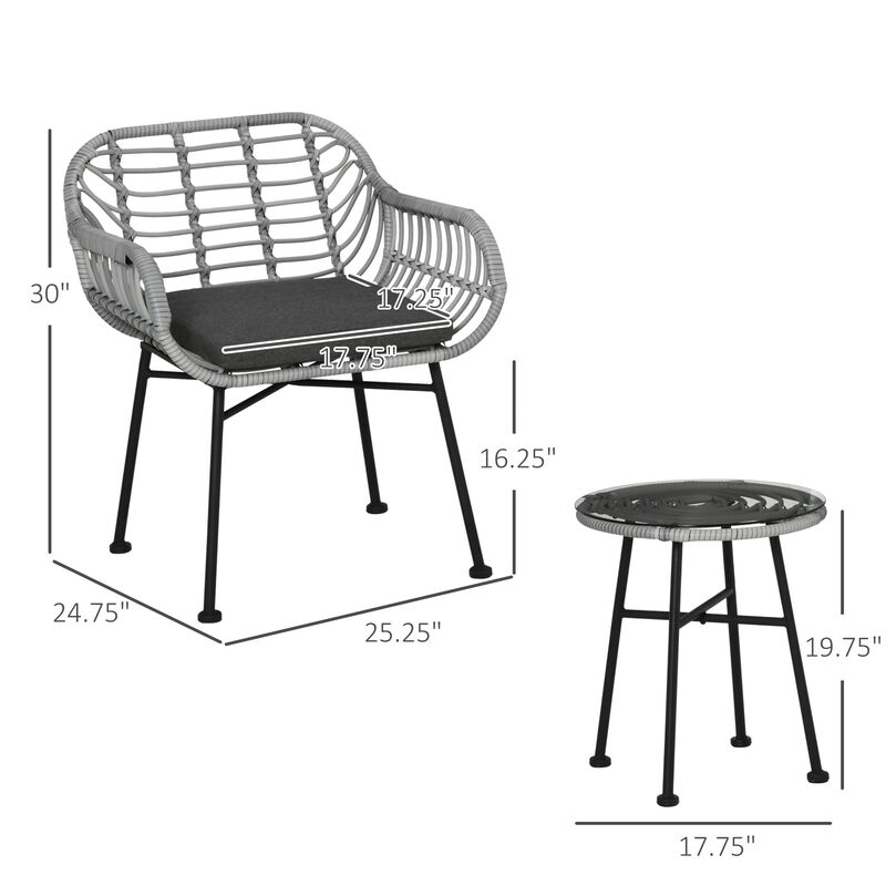 Patio PE Rattan Bistro Set, 3 Pieces Outdoor Round Wicker Woven Coffee Set, 2 Chairs & 1 Coffee Table Conversation Furniture Set, for Garden