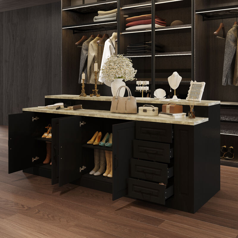 FUFU&GAGA Modern Shoe Cabinet with Storage, Marble-Texture Top, Built-in Power Outlets, MDF Cabinet with Drawers & Shelves, (94.5" W x 39.4" H x 31.3" D), Black