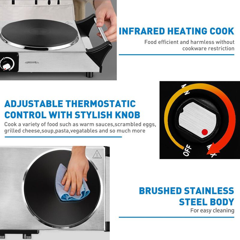 Techwood 1800W Stainless Steel Dual Hot Plate with Stay Cool Handles, Stainless Steel image number 3