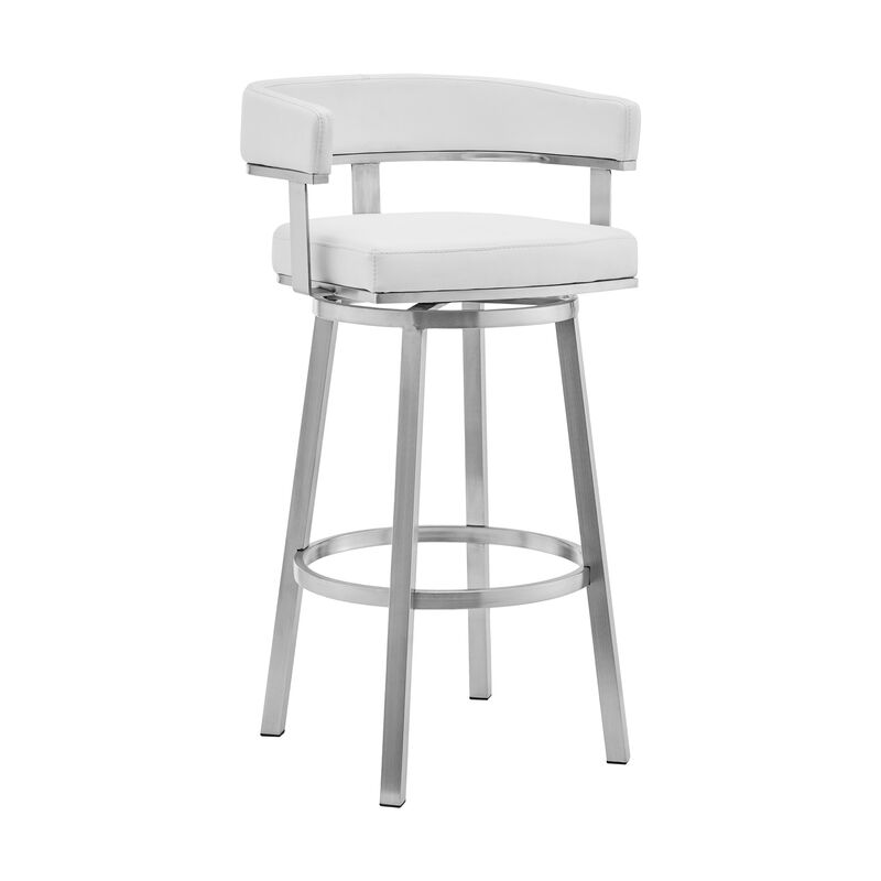 Sez 26 Inch Modern Swivel Counter Stool Arm Chair, Backrest, Steel, White-Benzara