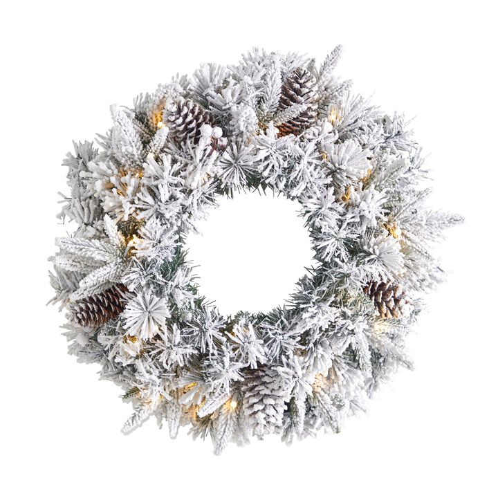 Nearly Natural 20-in Flocked Artificial Christmas Wreath with 35 Warm White LED Lights
