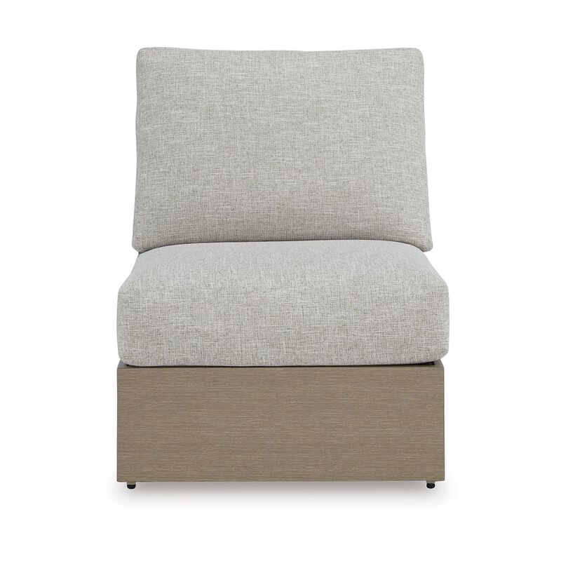 Isle Outdoor Armless Chair, Gray Cushion, Woodlike Brown Metal Frame - Benzara