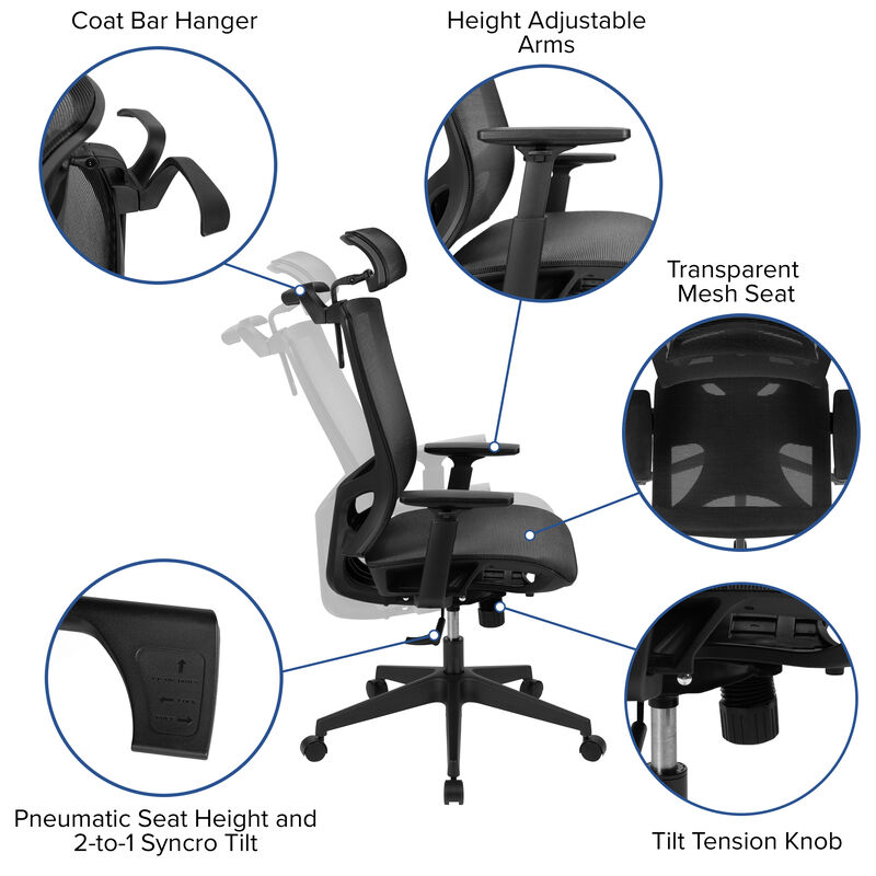 Layla Ergonomic Mesh Office Chair with Synchro-Tilt, Pivot Adjustable Headrest, Lumbar Support, Coat Hanger and Adjustable Arms in Black image number 3