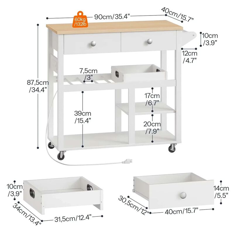 Rolling Kitchen Island with Storage Drawers and Built-In Charging Station- White image number 2