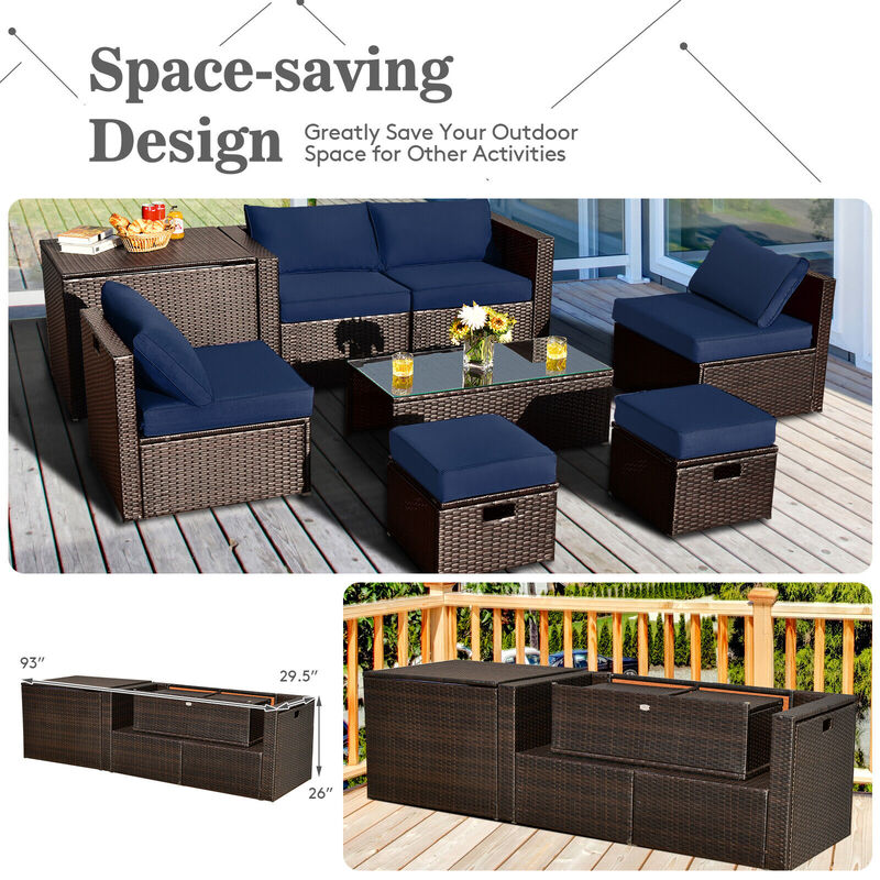 8-Piece Patio Rattan Furniture Set with Storage Box and Waterproof Cover, Outdoor Set