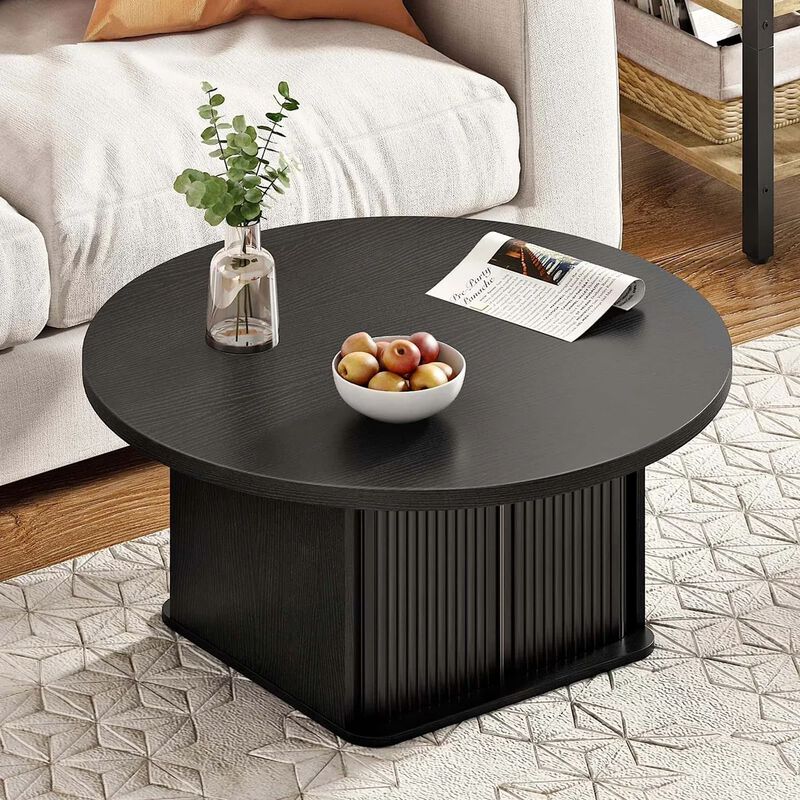 Modern Round Coffee Table with Sliding Door Storage for Living Room-Black image number 4