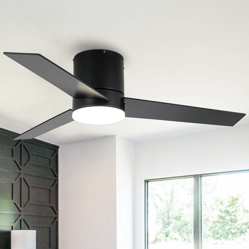 48" Modern Black LED Flush Mount Ceiling Fan with Remote Control