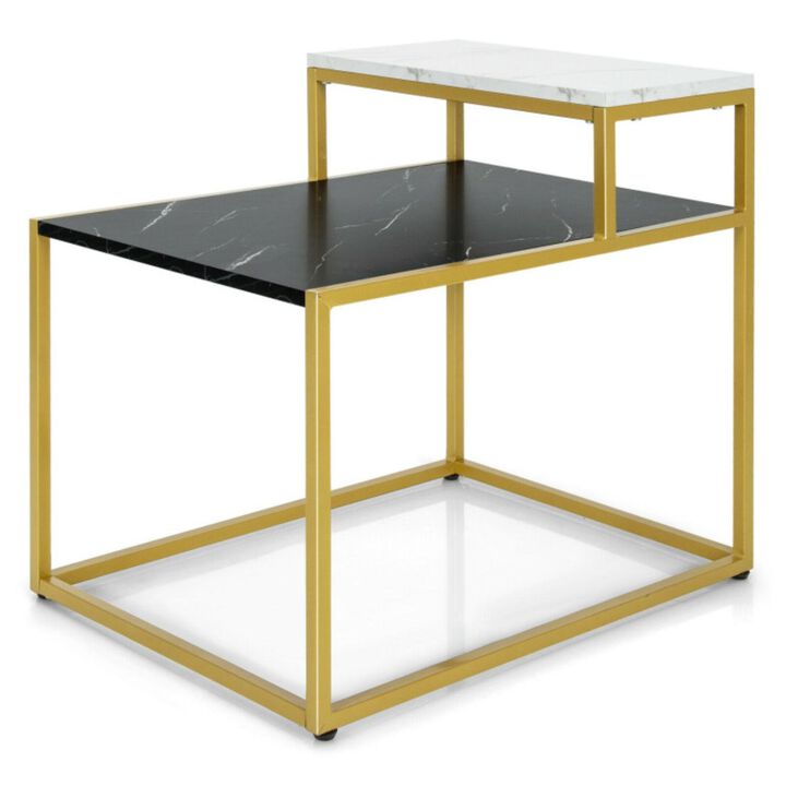 Hivvago 2-Tier Side Table with Metal Frame and Marble Finish Tabletop for Living Room