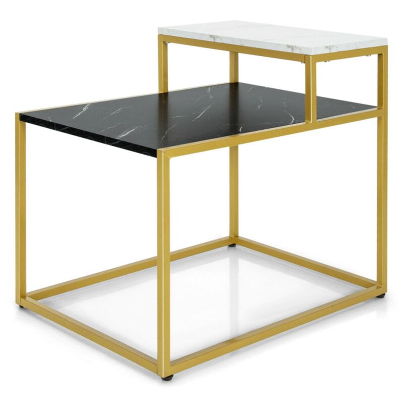 Hivvago 2-Tier Side Table with Metal Frame and Marble Finish Tabletop for Living Room