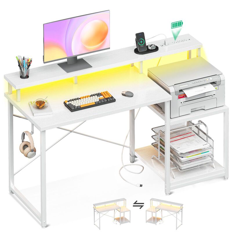 AODK Computer Desk, 48 Inch Gaming Desk with Led Lights & Power Outlet, Office Desk with Printer Storage Shelves, Reversible Des