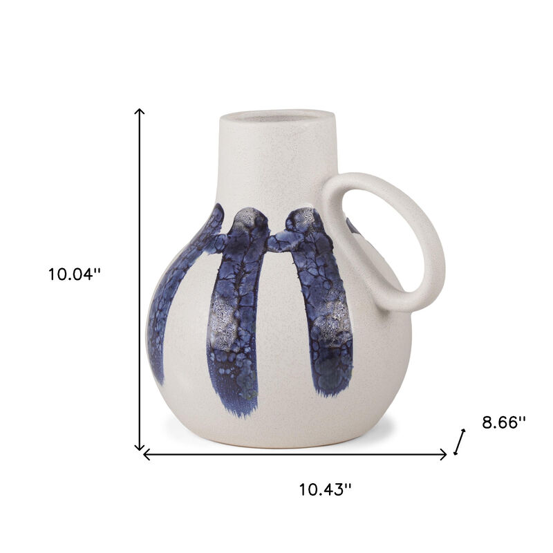 HomeRoots 10" White And Blue Abstract Ceramic Amphora Jug Vase image number 3