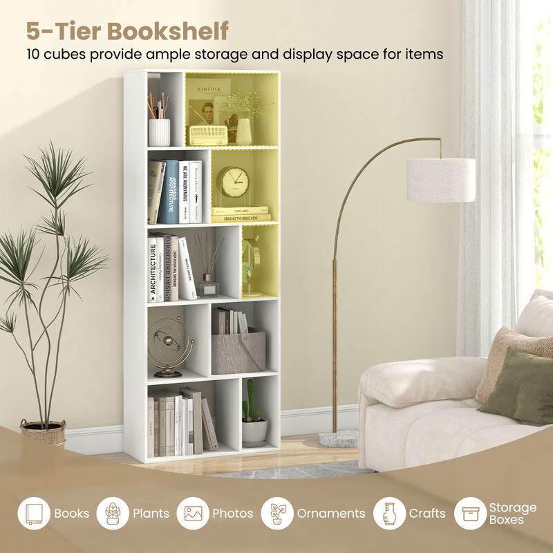 Modern Tall 5-Tier Bookshelf with 10 Geometric Cubes &ndash; Space-Saving Organizer