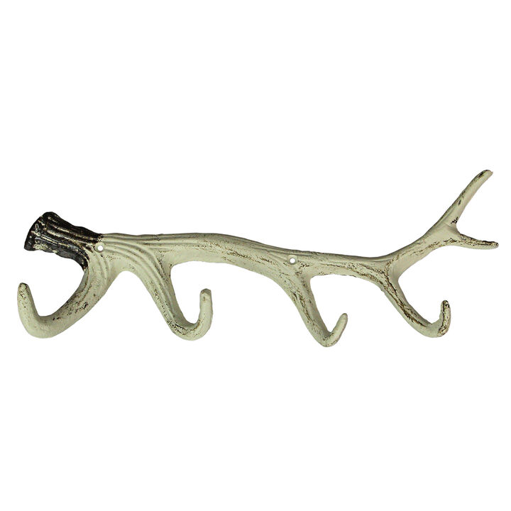 Painted Brown and White Cast Iron Deer Antler Wall Mounted Hook Rack Coat Towel Key Hat Hanger - Easy Install - Lodge, Cabin Or Western D&eacute;cor 16 Inches Long