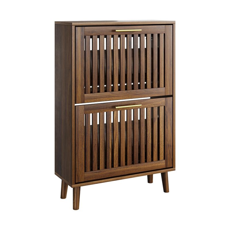 Clihome 23.6-inch Walnut Shoe Cabinet, Medieval Modern Independent Shoe Cabinet, Fence Shoe Cabinet With 2 Flip Drawers, Suitable For Corridors And Entrances