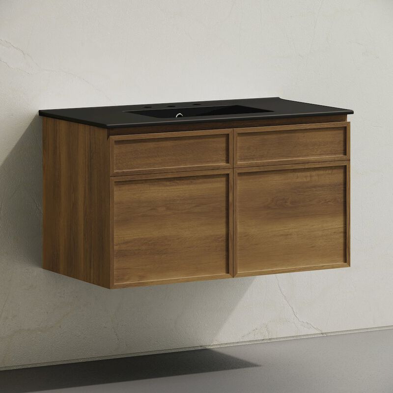 36" Wall-Mounted Bathroom Vanity in Brown Oak, Black 3-Hole Widespread Sink Top image number 1