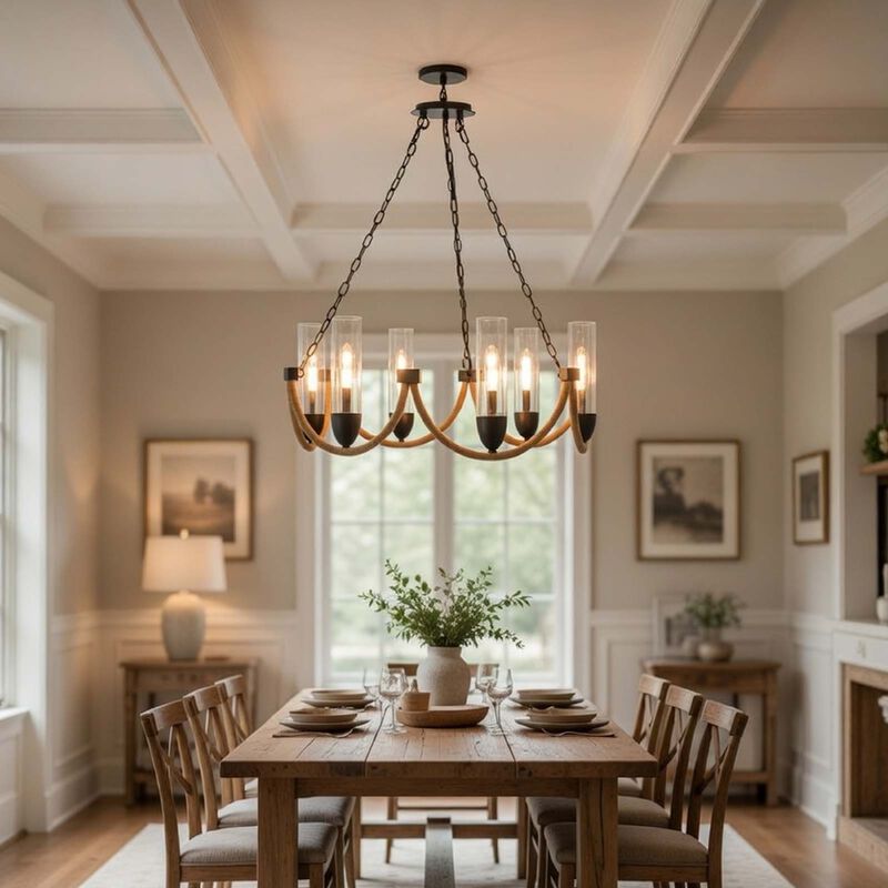 Arga 6 Light Chandelier, Glass Shade, Rope Arms, Bronze Metal 12 Inch image number 1