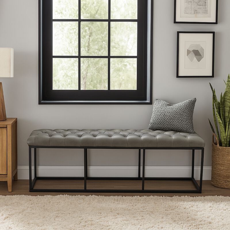 Ali Bench, Open Metal Frame, Gray Tufted Faux Leather 52 Inch - Benzara