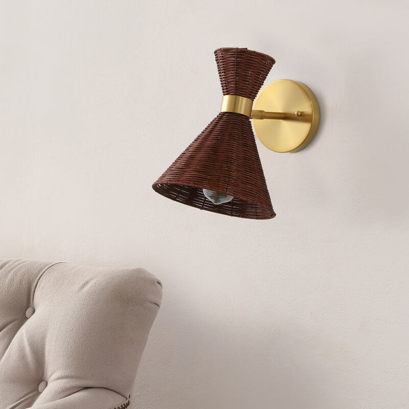 Zoey 10" 1-Light Mid-Century Vintage Retro Rattan/Metal LED Sconce with Adjustable Shade, Dark Brown/Brass Gold