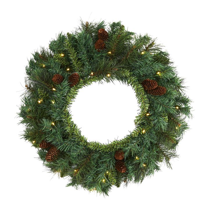 HomPlanti 20" Mixed Pine and Pinecone Artificial Christmas Wreath with 35 Clear LED Lights