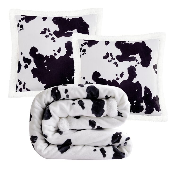 Elsa Cowhide Campfire Black Sherpa Throw Set