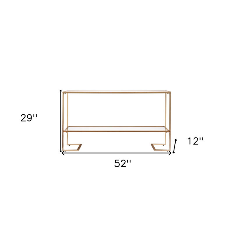 HomeRoots 52" Clear and Gold Mirrored Glass and Metal Sled Console Table With Shelf image number 6