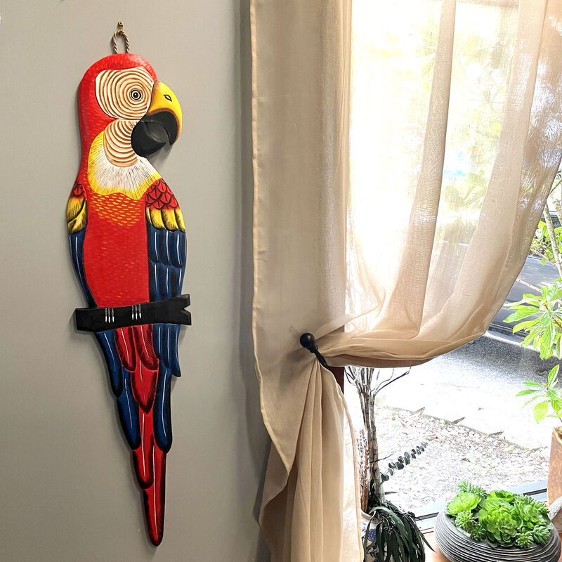 Wood Parrot Wall Decor 38" Hand-Carved Macaw Sculpture Tropical Bird Art image number 6