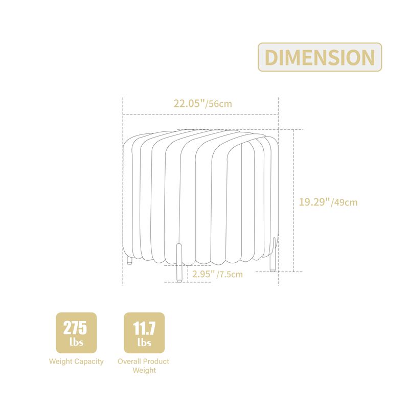 22" Wide Upholstered Round Pouf Ottoman Foot Rest with Black Metal Legs,Faux Fur Footstool for Living Room Bedroom Entryway