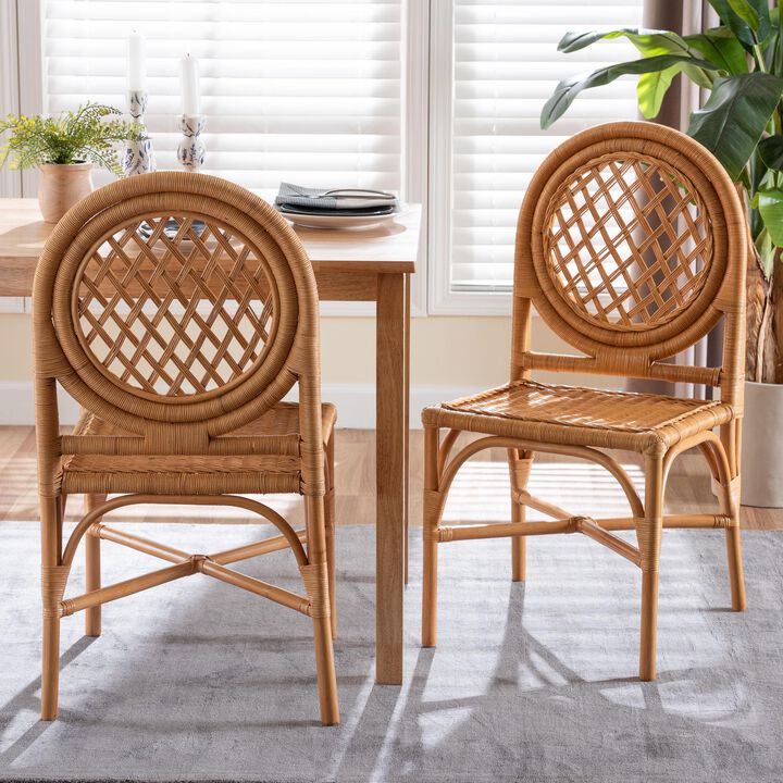bali & pari Oxford Round Back Rattan Dining Chair Set of 2 - Handwoven Cane Accent Chairs with Open Lattice Design, Natural Wicker Seating for Coastal or Boho Dining Rooms
