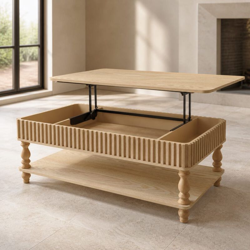 GOODSILO 47.24 Inch Lift Top Coffee Table, Solid Wood Construction, Tool-Free Assembly, Fluted Details, Roman Legs, Dual Storage for Living Room Furniture image number 2