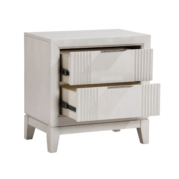 Flo Nightstand, 2 Drawers, Antique White Wood, Chrome Edge Handles - Benzara