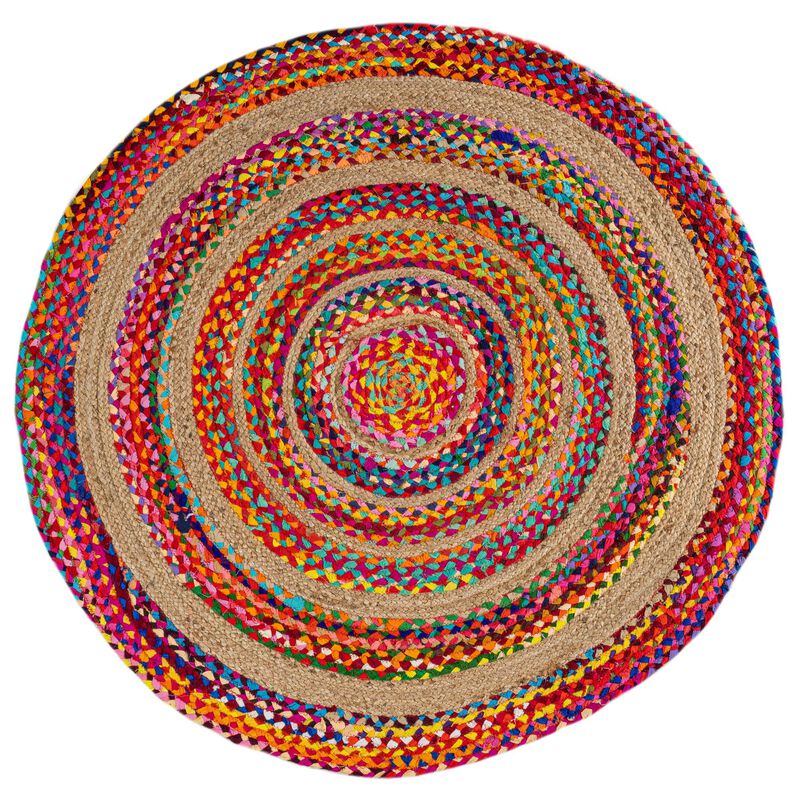 Isla Round Boho Braided Rag & Jute Multi/Natural Round Area Rug