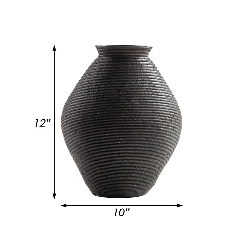 Dale 12 Inch Round Polyresin Vase, Wavy Ribbed Spiral Texture Antique Brown - Benzara