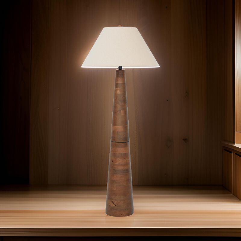 Seya 58 Inch Floor Lamp, Empire Fabric Shade, Tapered Brown Wood Base - Benzara